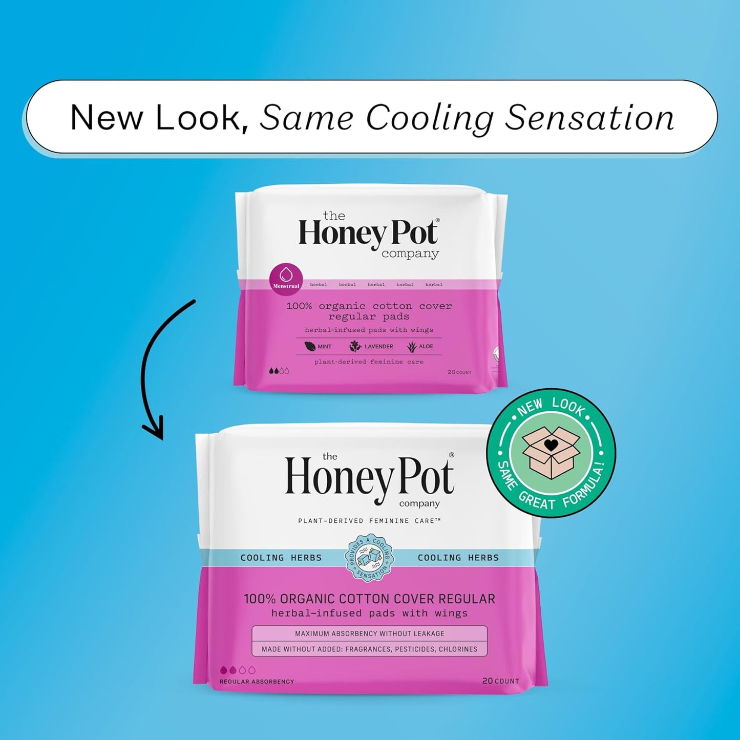 The Honey Pot Company Herbal Pads with Wings, Organic Cotton Cover