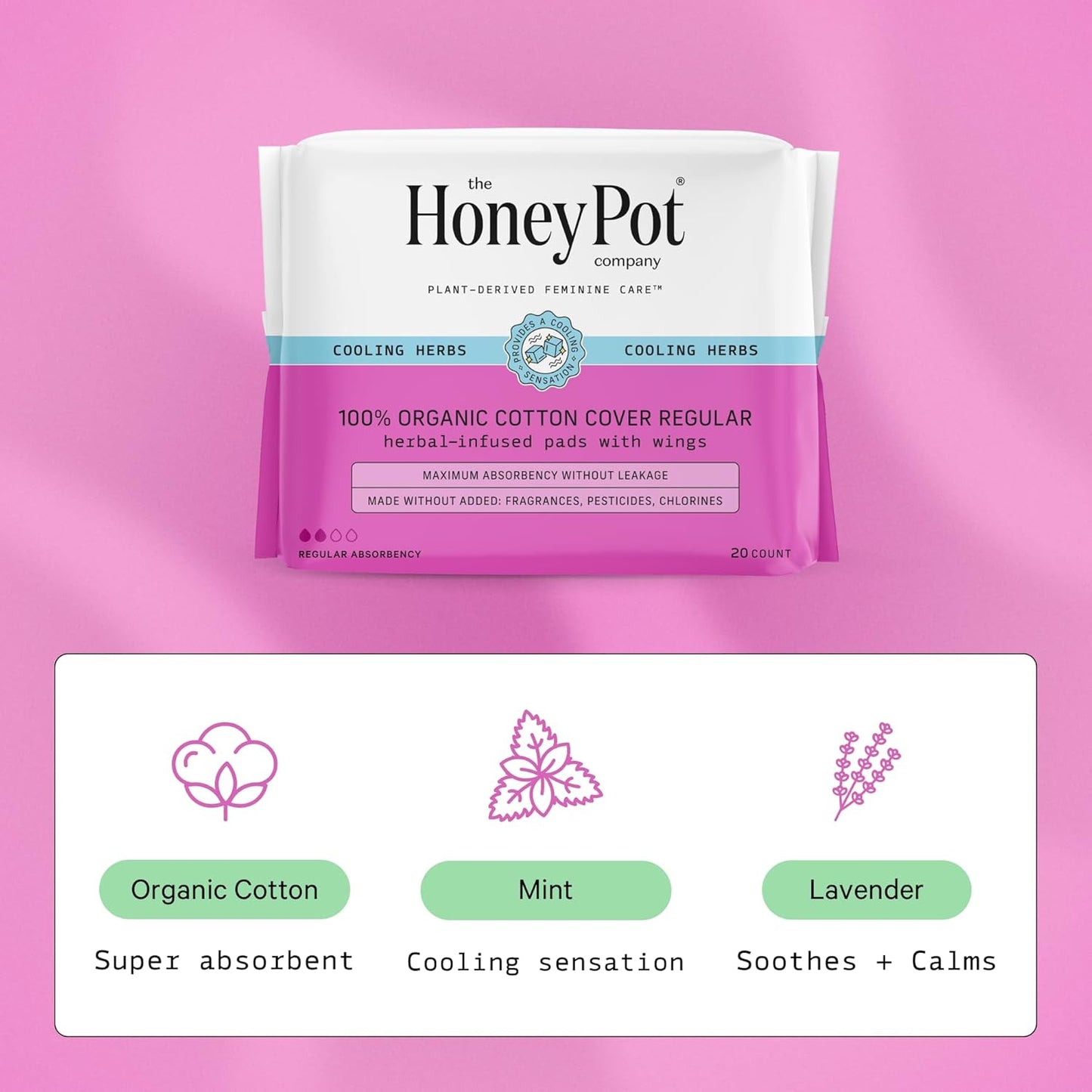 The Honey Pot Company Herbal Pads with Wings, Organic Cotton Cover