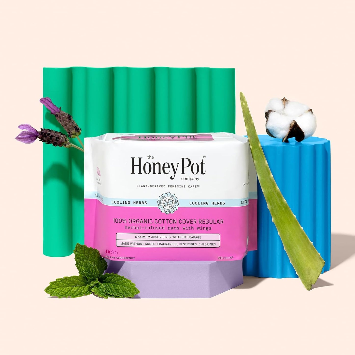 The Honey Pot Company Herbal Pads with Wings, Organic Cotton Cover