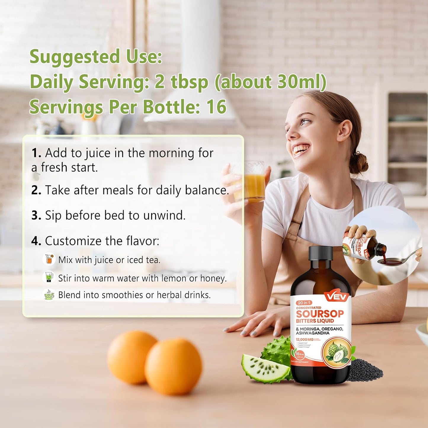 VEV Soursop Bitters Liquid with Graviola Extract | 20-in-1 Herbal Blend | 16 fl oz