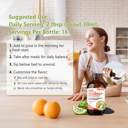 VEV Soursop Bitters Liquid with Graviola Extract | 20-in-1 Herbal Blend | 16 fl oz