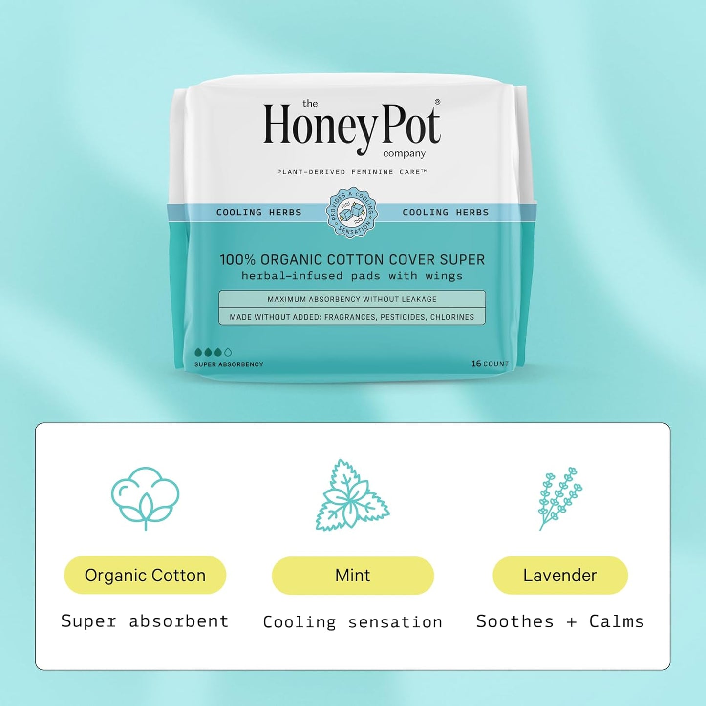 The Honey Pot Co. Herbal "Super" Pads with Wings, Organic Cotton Cover