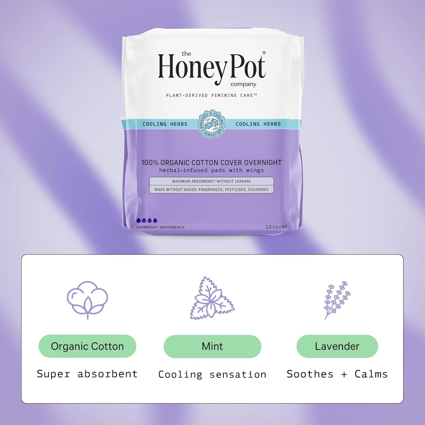 The Honey Pot Co. Herbal "Overnight" Pads with Wings, Organic Cotton Cover