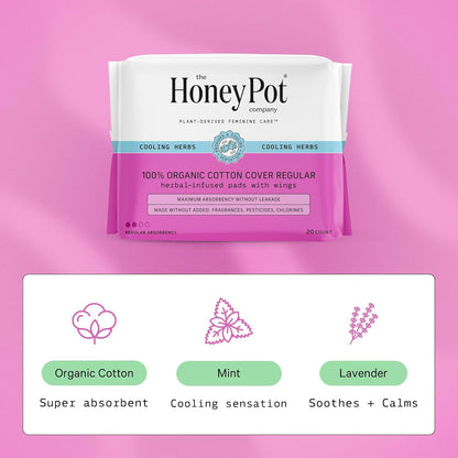 The Honey Pot Co. Herbal "Regular" Pads with Wings, Organic Cotton Cover