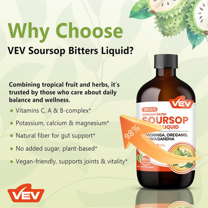 VEV Soursop Bitters Liquid with Graviola Extract | 20-in-1 Herbal Blend | 16 fl oz