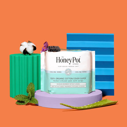 The Honey Pot Co. Herbal "Super" Pads with Wings, Organic Cotton Cover