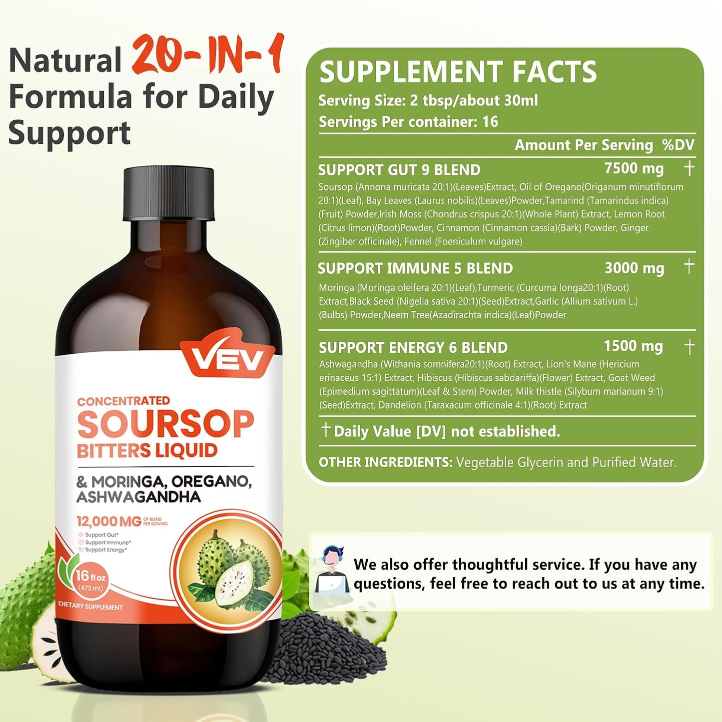 VEV Soursop Bitters Liquid with Graviola Extract | 20-in-1 Herbal Blend | 16 fl oz