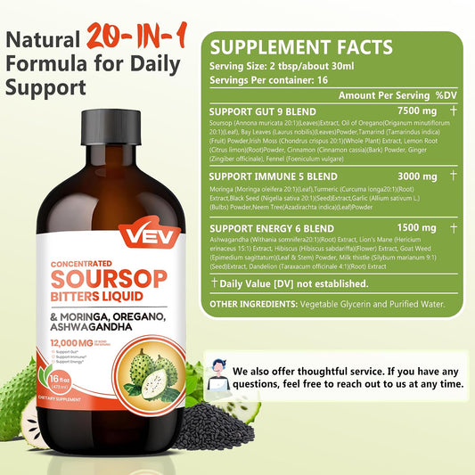 VEV Soursop Bitters Liquid with Graviola Extract | 20-in-1 Herbal Blend | 16 fl oz
