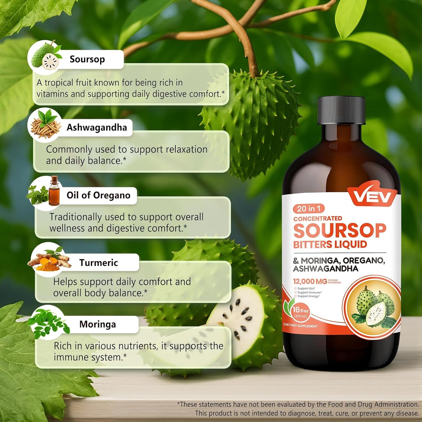 VEV Soursop Bitters Liquid with Graviola Extract | 20-in-1 Herbal Blend | 16 fl oz