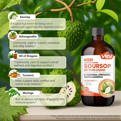 VEV Soursop Bitters Liquid with Graviola Extract | 20-in-1 Herbal Blend | 16 fl oz