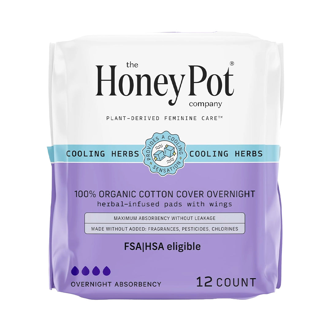 The Honey Pot Co. Herbal "Overnight" Pads with Wings, Organic Cotton Cover