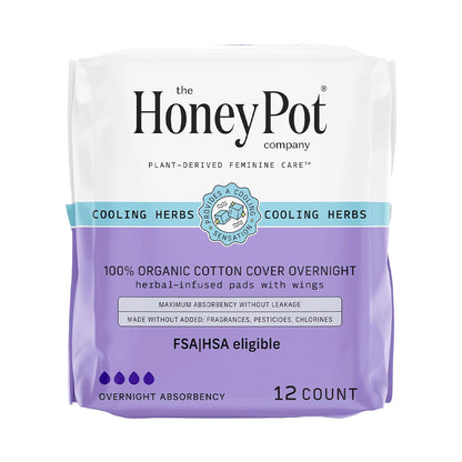 The Honey Pot Co. Herbal "Overnight" Pads with Wings, Organic Cotton Cover