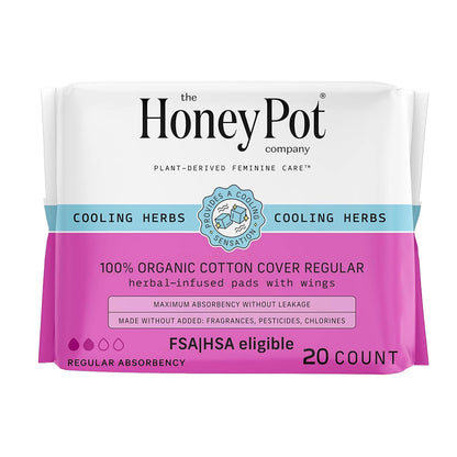 The Honey Pot Co. Herbal "Regular" Pads with Wings, Organic Cotton Cover