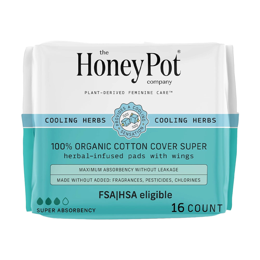 The Honey Pot Co. Herbal "Super" Pads with Wings, Organic Cotton Cover